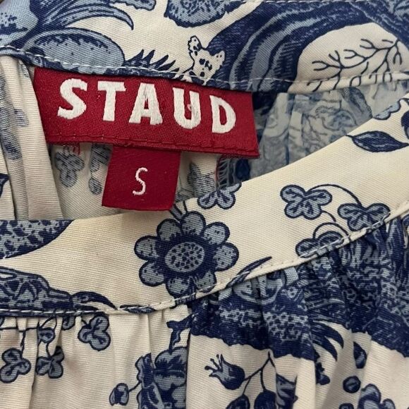 STAUD Garden Shift Dress Blue Toile Chinoiserie Women’s Size Small Sheer Sleeve - Picture 8 of 10